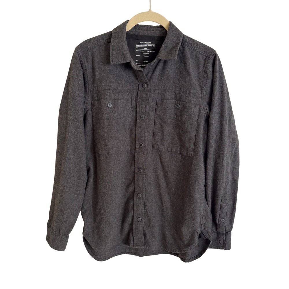 REI Co-op Mens Flannel Shirt Small Charcoal Gray Long Sleeve Cotton Grey